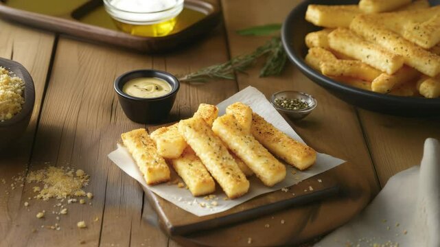 Freshly baked breadsticks being served with seasoning and dipping sauce on rustic wooden table