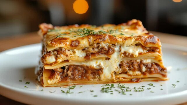 Close-up of a juicy meat and cheese lasagna slice topped with herbs on a white plate