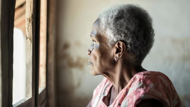 Reflective elderly woman gazing out window: serene moment of contemplation and thoughtfulness