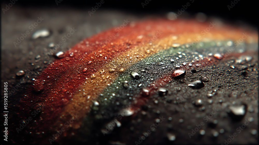 Poster close up abstract rainbow with water droplets on textured dark surface highlighting colors of red ye