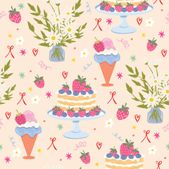 Seamless vector pattern with cake, ice cream cone, flower, daisy, strawberry, and bow. Cute girly summer birthday background.