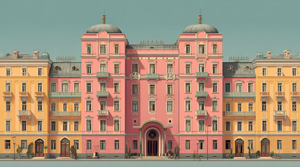Fototapeta premium vintage-themed art showcase | eccentric order | structured calm | dusty pink and mustard | grid alignment | pink buildings | symmetry-driven layout | stage composition | fictitious European hotel |