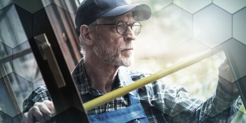 Repairman taking measures with tape measure, geometric pattern