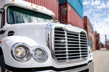 Fototapeta premium Close-up of white semi-truck grill, with shipping containers in the background, under a cloudy blue sky.