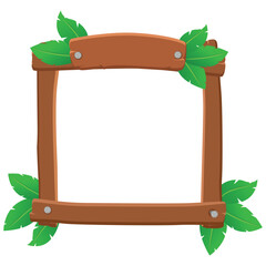 Wooden frame or border for game UI. Plank and panel for 2D game interface design and UI element with jungle leaves