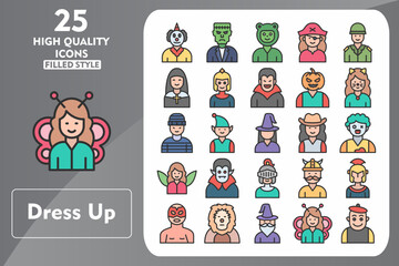 Dress Up Line Filled Icon Set. Incleded Icons Clown, Frankenstein, Frog, Pirate, Soldier, Nun, Spartan, Vampire, Pumpkin, Catwoman. Vector Icons Collection