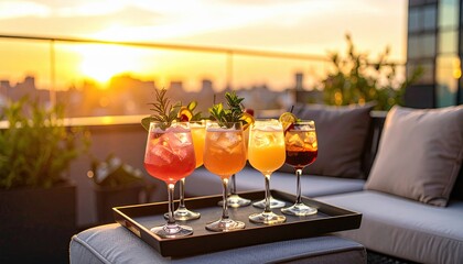 Vibrant cocktails displayed elegantly on a tray during sunset, highlighting a relaxing rooftop dining experience