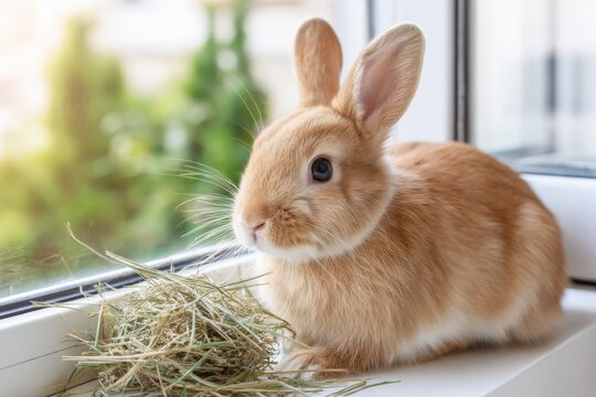 A cute, small, brown rabbit sits by window, next to a pile of hay, looking out the window, fluffy fur, long ears.