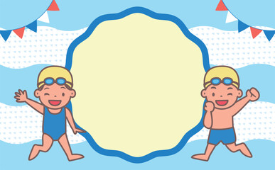 プールや海・水遊びをイメージした子供の夏休み・夏の背景フレーム素材_水泳教室などにぴったり