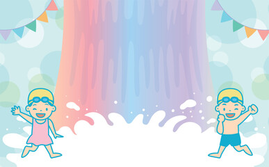 ナイトプールや海・水遊びをイメージした子供の夏休み・夏のカラフル背景フレーム素材_滝スプラッシュ