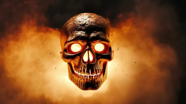 Dramatic skull with burning flames and smoke, digital art concept of death.