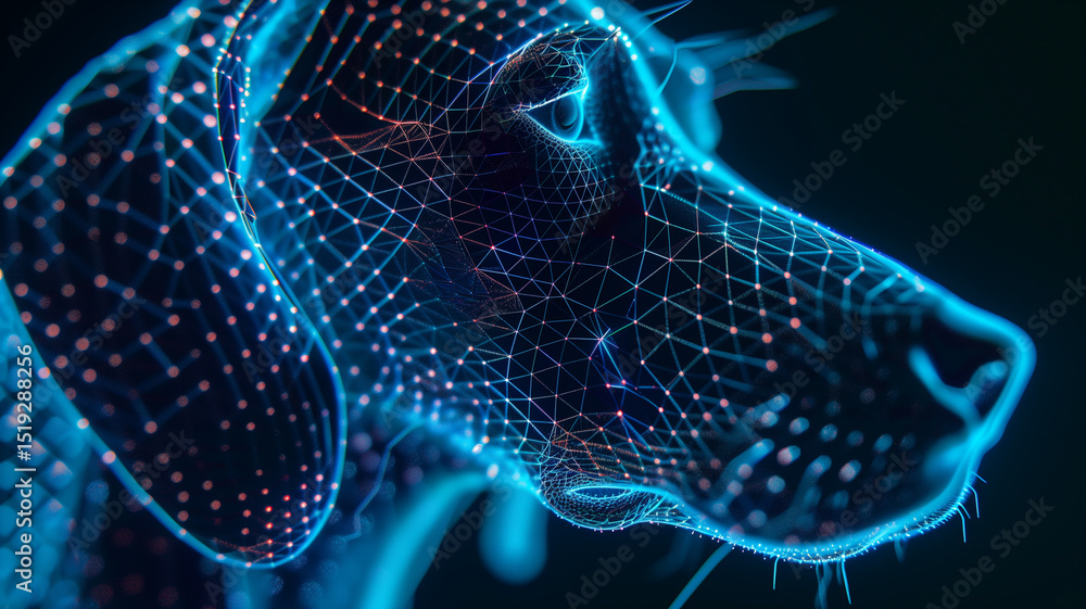 Aufkleber this holographic dog floats, emanating light and displaying a realistic digital image.