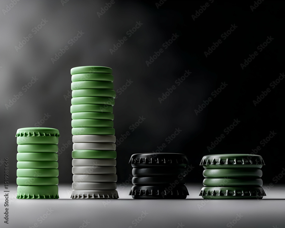 Poster stacked bottle caps in different colors and sizes on dark background