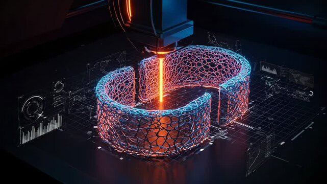 3D printing a complex, abstract shape with glowing laser beam