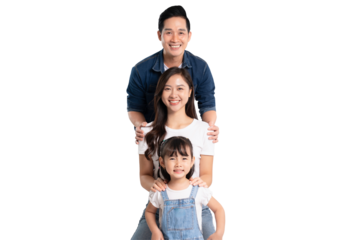 portrait of a happy asian family posing on a PNG background	