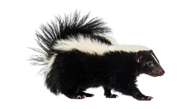 skunk, a cat-sized mammal of the weasel family, with distinctive black-and-white striped fur isolated on transparent background.