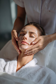Woman receiving bio microneedling spicule mask treatment cosmetologist applying natural skin rejuvenation therapy, Selective Focus..