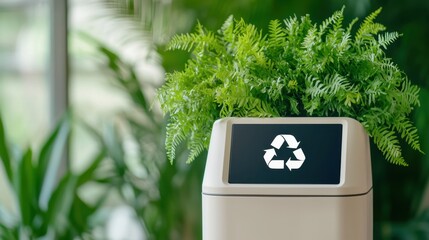 Eco-friendly recycling bin with greenery in a modern indoor setting promoting sustainability and environmental awareness