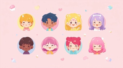 Cute Cartoon Characters with Colorful Hairstyles on Pink Background