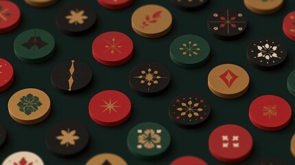 Decorative Holiday Tokens with Festive Designs and Colorful Patterns