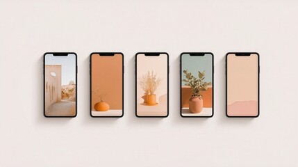 Five Mockup Phones with Minimalist Backgrounds and Plant Arrangements