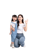 Obraz premium Full body image of Asian mother and daughter posing on PNG background 
