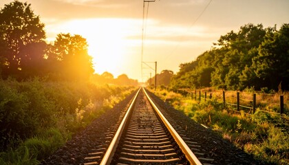 Fototapeta premium Golden Hour Railroad Tracks: A Journey into the Sunset