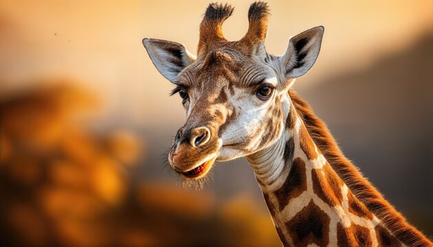 Majestic Giraffe in Serene Savannah, Towering Gracefully Under African Sunset, With Golden Rays Grazing Across the Plains and Long Shadows Cast Across the Landscape.