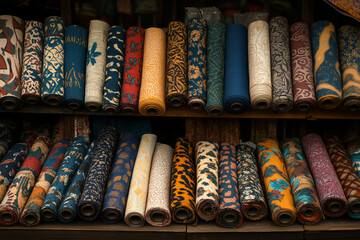 Vibrant textile market stall filled with an array of colorful fabric rolls in a bustling market setting
