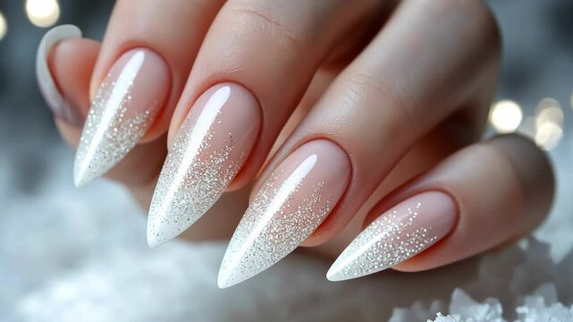 Close-up of woman's hand showing elegant nails with silver glitter manicure on snow. Nail art, beauty.