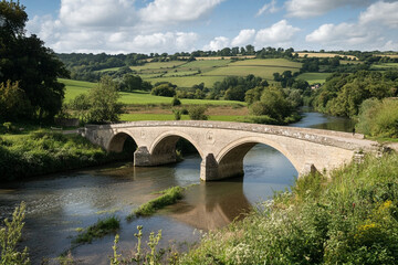 Fototapeta premium Traditional bridge spans a tranquil river surrounded by lush greenery in the countryside