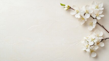 Elegant White Cherry Blossoms on Beige Texture with Copy Space elegant spring blossom flower floral