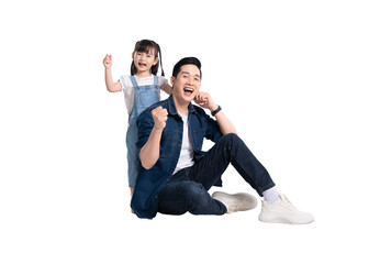 Full body image of Asian father and daughter posing on white background	
