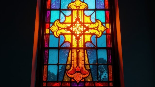 Stained glass window with a cross in the center. The colors are bright