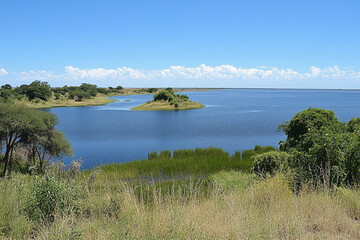 Vast reservoir surrounded by lush greenery under a bright blue sky with occasional clouds