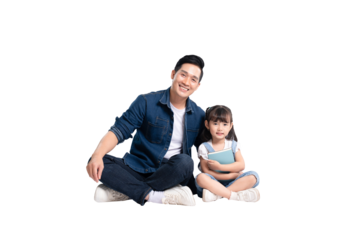 Full body image of Asian father and daughter posing on white background	
