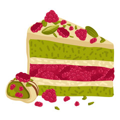 White chocolate raspberry dessert composition. Layered cake slice with green pistachio and pink raspberry flavor. Vector illustration of treats for food packaging, menus, posters, blogs, recipe books