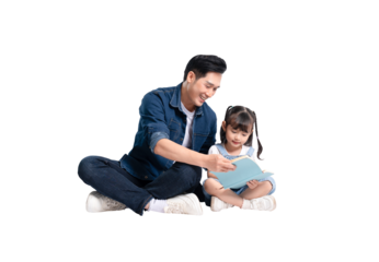 Full body image of Asian father and daughter posing on white background	
