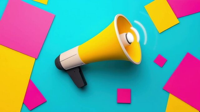 A vibrant yellow megaphone surrounded by colorful geometric shapes on a turquoise background, symbolizing communication and promotion.