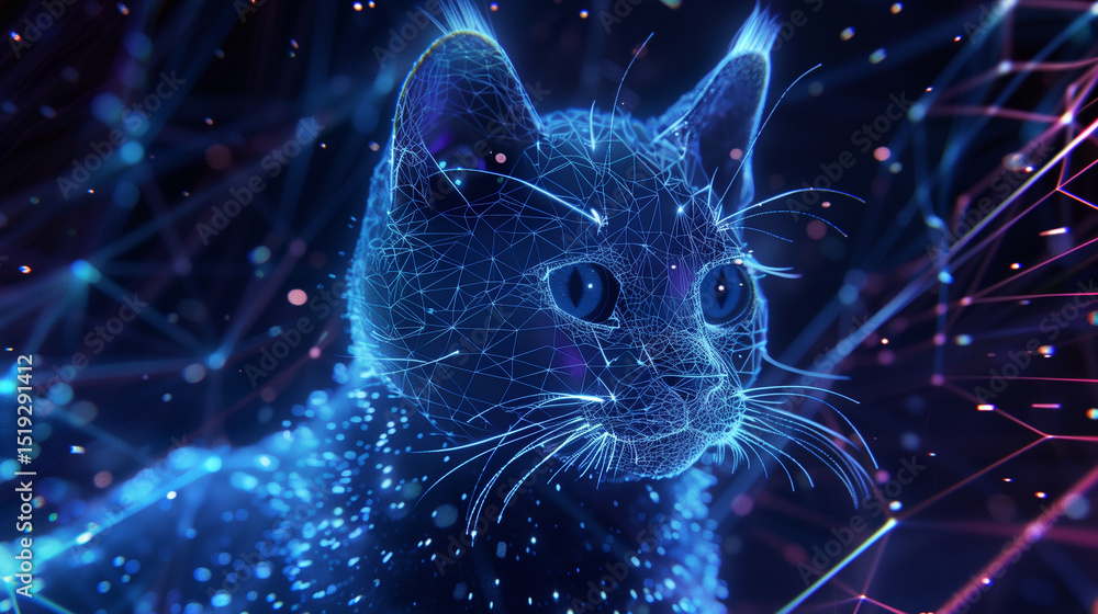 Aufkleber this floating, translucent hologram of a cat radiates soft neon light in a futuristic setting.