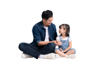 Full body image of Asian father and daughter posing on PNG background	
