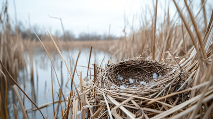 Abandoned bird nests on dry reeds in a lifeless wetland.