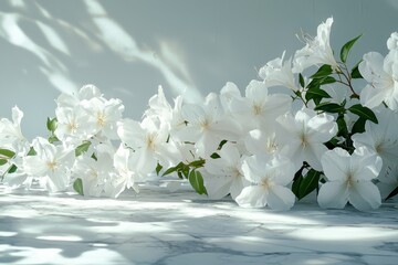 Elegant White Flowers on Marble with Dappled Sunlight Shadows sunlight shadows white flowers floral