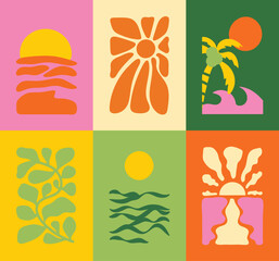Abstract summer botanical doodle background art vector set. Hand drawn flower, leaves, sea wave, coconut tree, sun. Design for print, wallpaper, clipart, wall art for home decoration.