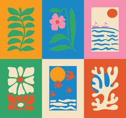 Abstract summer botanical doodle background art vector set. Hand drawn flower, leaves, sea wave, boat, bird, coral. Design for print, wallpaper, clipart, wall art for home decoration.