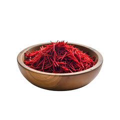 Fototapeta premium A wooden bowl filled with saffron threads, the threads are a vibrant red color, the bowl is sitting on a png background