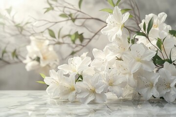 Elegant White Azalea Blooms on Marble with Bokeh Background bokeh petals bloom floral arrangement