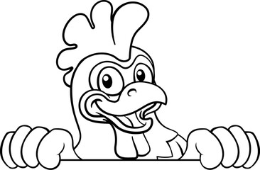 A chicken cartoon rooster cockerel bird mascot peeking over a sign with copyspace © Christos Georghiou