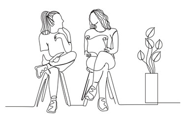 continuous line art of two women sitting on chairs talking about their work. there are flowers beside them. vector illustration transparent background