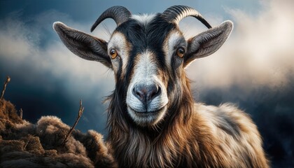 Goat Gazing over Scenic Mountain Range at Dusk, Serene and Majestic Landscape Bathed in Soft Light with Glimpses of Sunset and Dewkissed Grasses